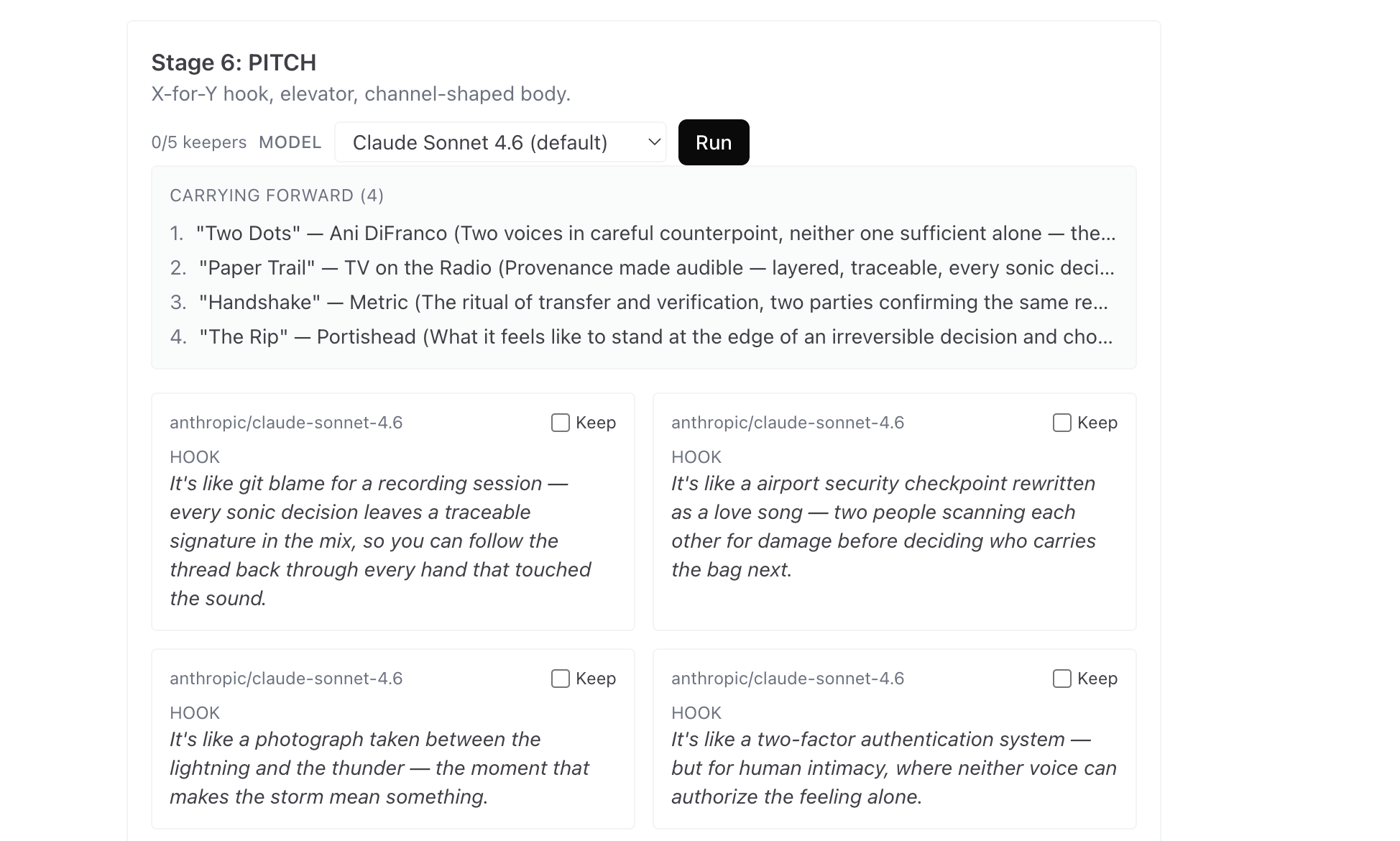 Pre-audit Pitch — AI-generated HOOK candidates on the right, KEEP checkboxes on the left